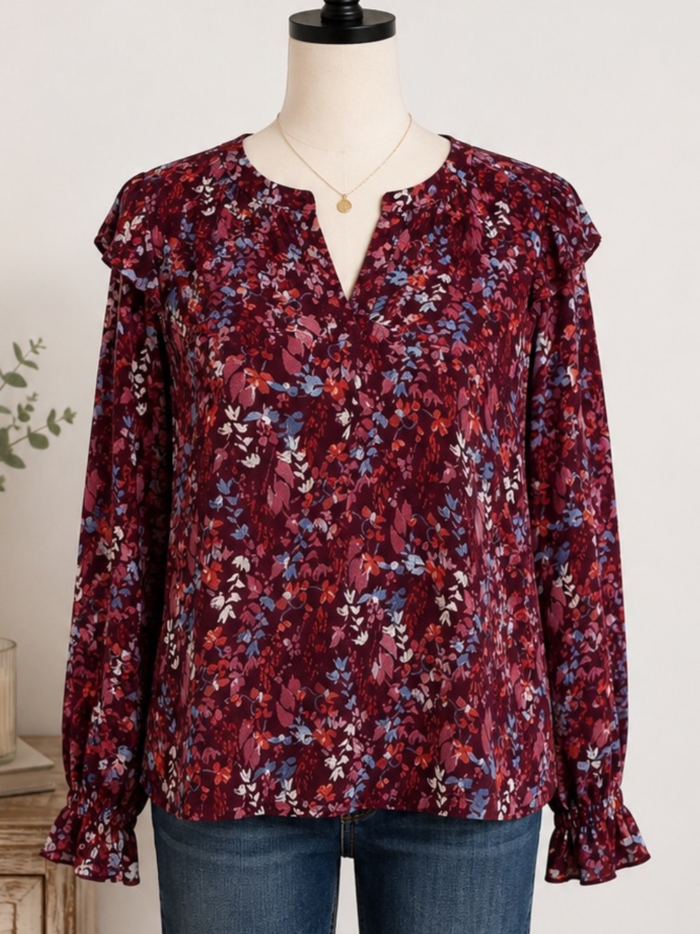 A New Day Floral Ruffle Sleeve Blouse Large Maroon Burgundy Long Sleeve Top